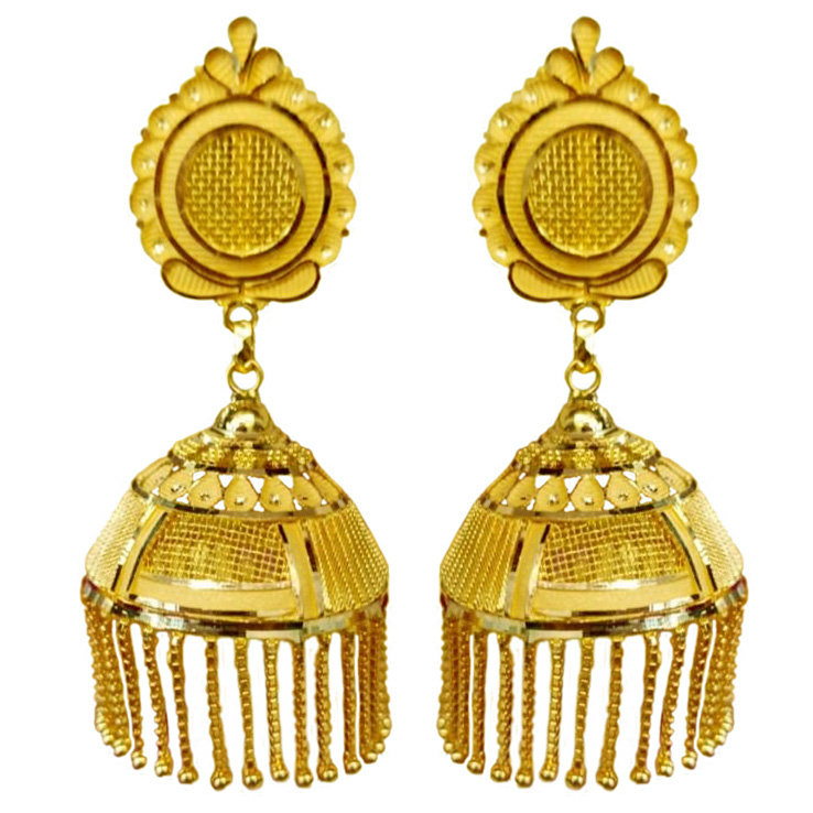 Gold Jhumka Earrings Made using Traditional Indian Jadau Jewelry Techn